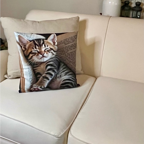 Cozy Dozing Kitty Print Pillow Case, 18x18” Sq., Neutral, Earthy Colors - Picture 2 of 5